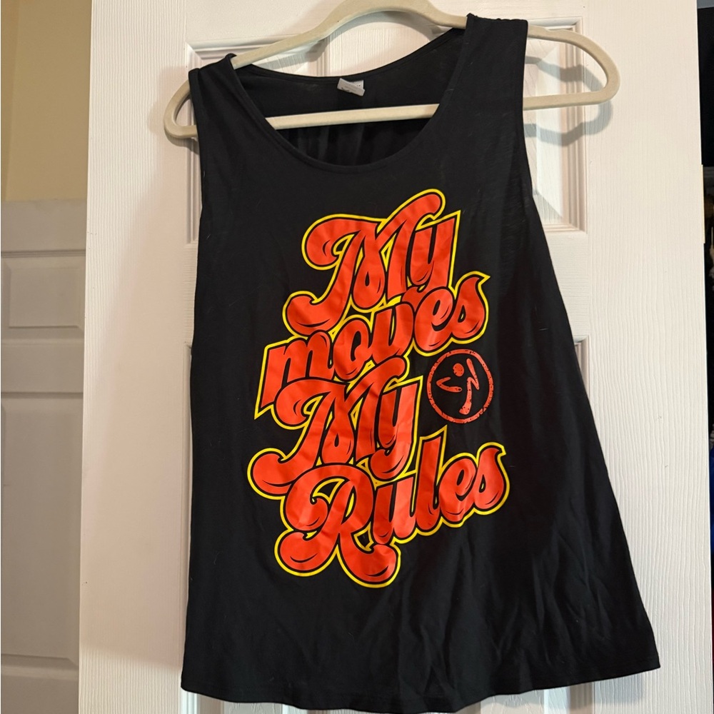 Zumba Fitness Black Tank Top with Orange and Yellow Print